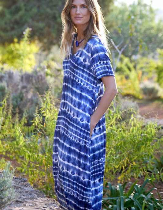 blue and white tie dye jersey bubble dress with midi length and V neckline