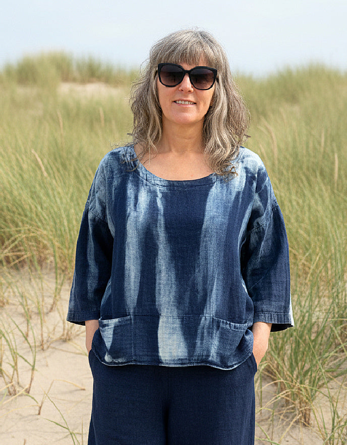 tie dye denim chambray boxy top