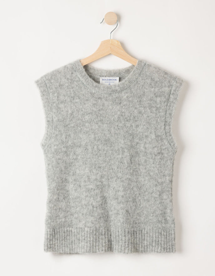 Gray sleeveless knitted vest on a hanger against a white background