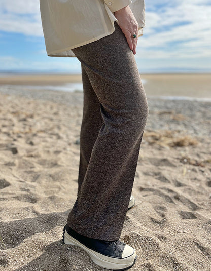 brown tweed straight leg jersey trousers