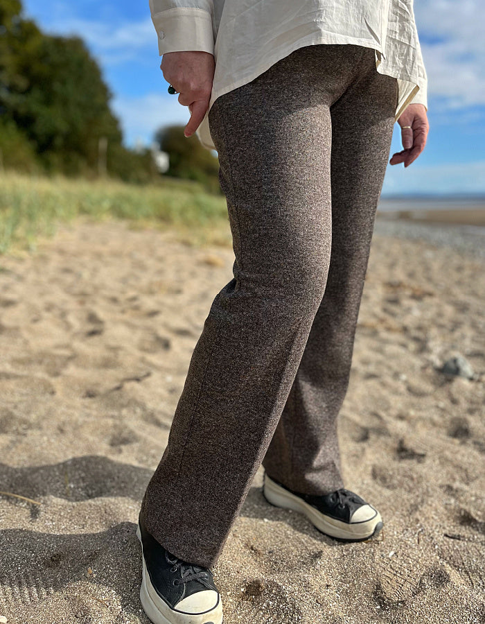 brown tweed straight leg jersey trousers