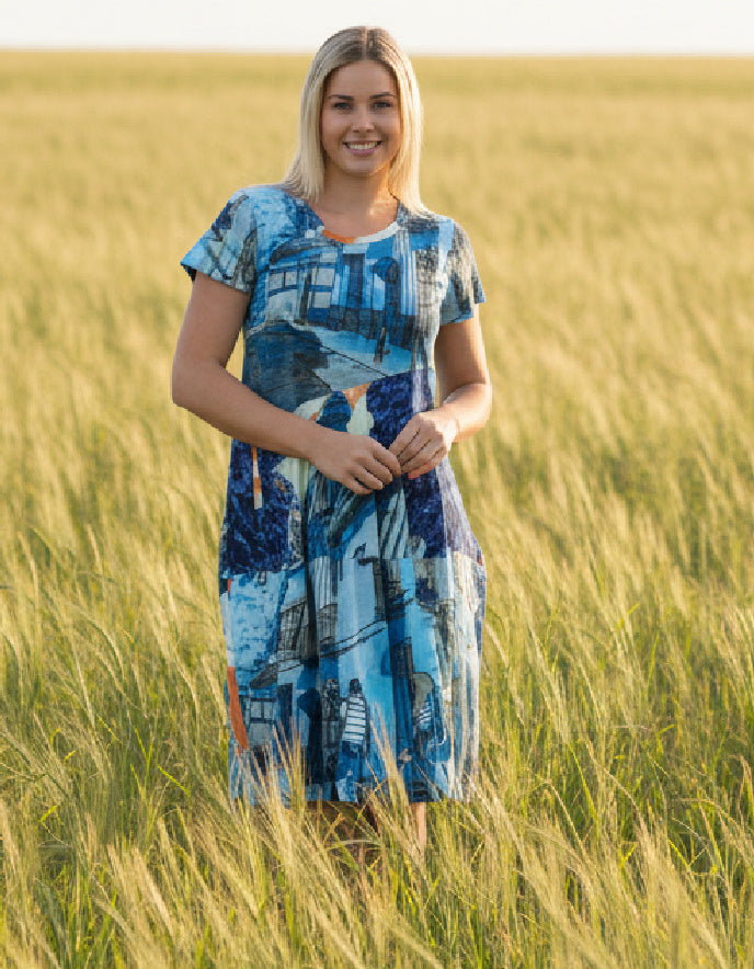 blue graphic cotton jersey dress