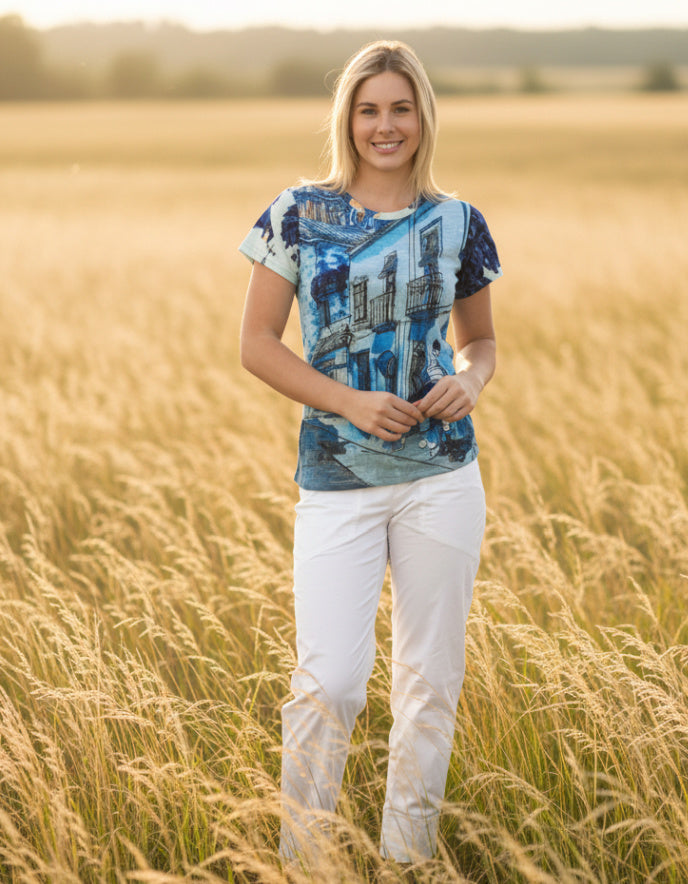 woman wearing graphic blue cotton t shirt