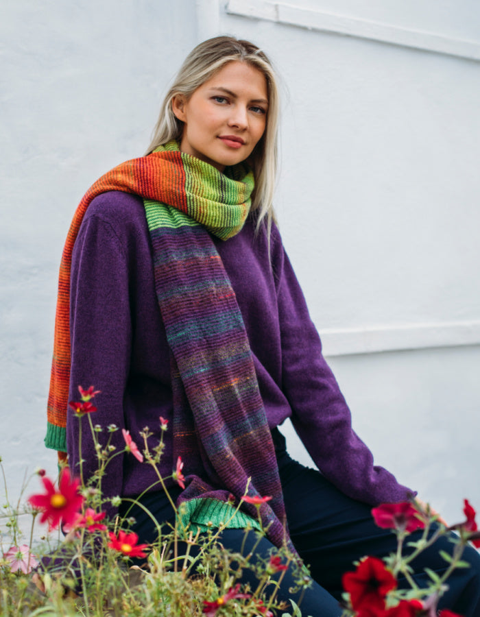 lightweight wool wrap scarf with block colour stripes in lime green orange and purple