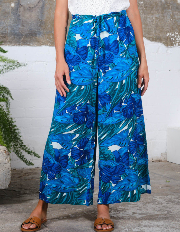 wide leg cotton summer trouser with drawstring waist in blue tropical print