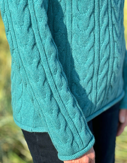 fitted cable lambswool sweater in turquoise