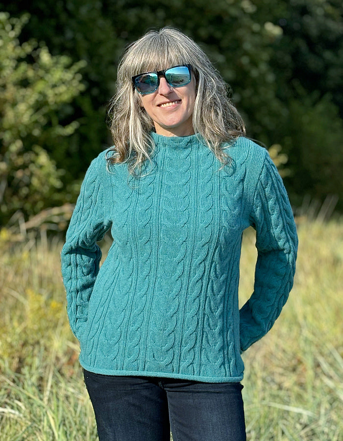 fitted cable lambswool sweater in turquoise