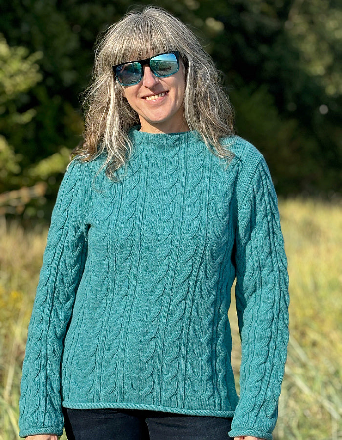 fitted cable lambswool sweater in turquoise