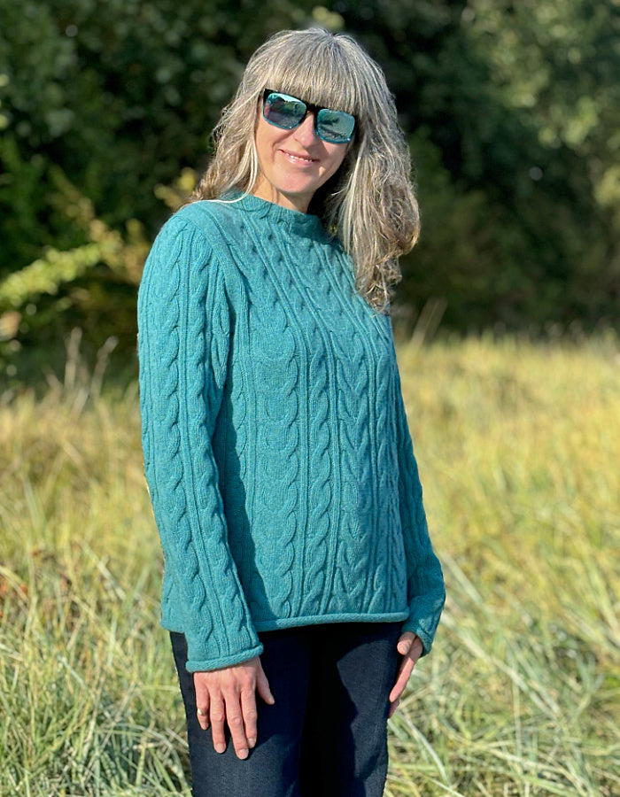 fitted cable lambswool sweater in turquoise