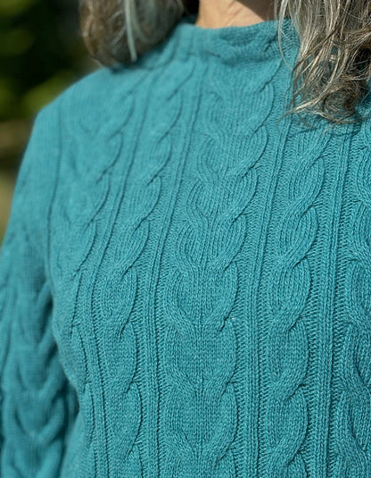 fitted cable lambswool sweater in turquoise