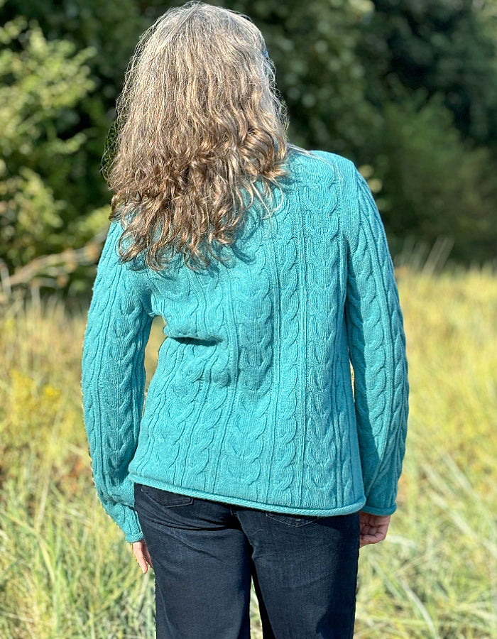 fitted cable lambswool sweater in turquoise