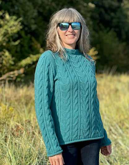 fitted cable lambswool sweater in turquoise