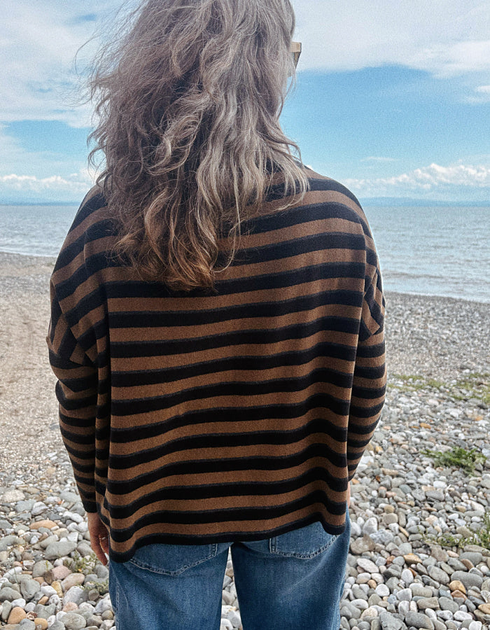 A person viewed from behind wearing a brown and black horizontally striped knit sweater and blue jeans, standing on a pebble beach with the sea and sky in the background.