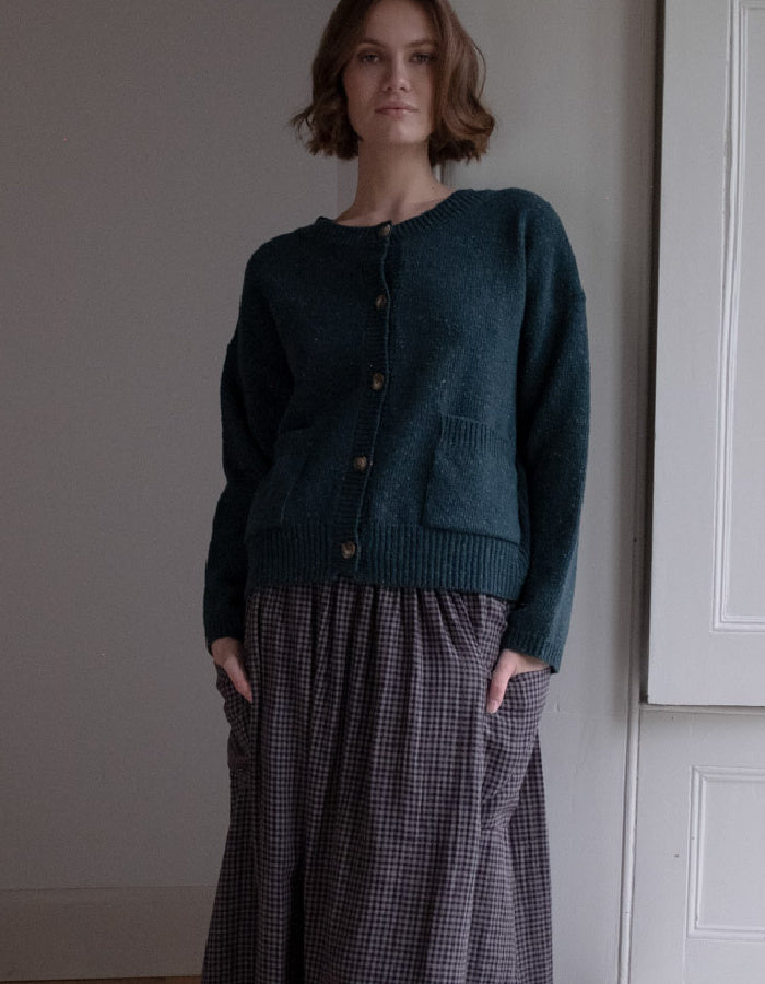 boxy fit donegal tweed cardigan with patch pockets in teal