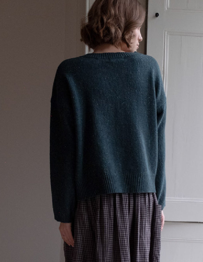 boxy fit donegal tweed cardigan with patch pockets in teal