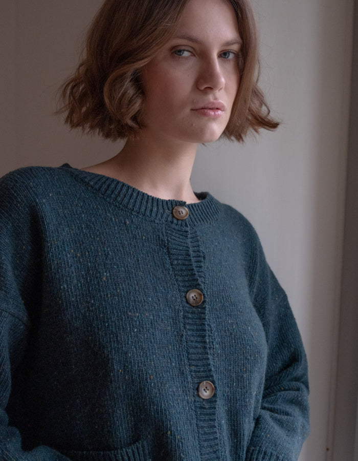 boxy fit donegal tweed cardigan with patch pockets in teal