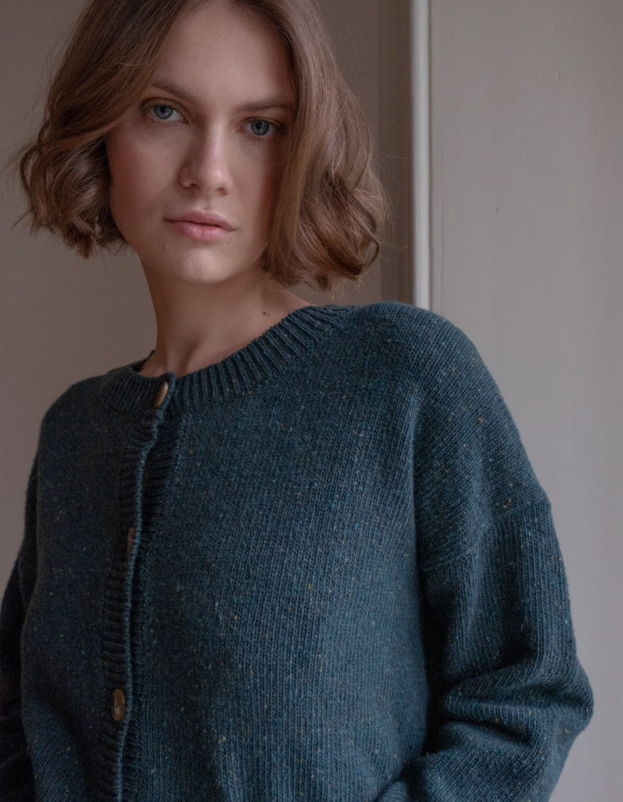 boxy fit donegal tweed cardigan with patch pockets in teal