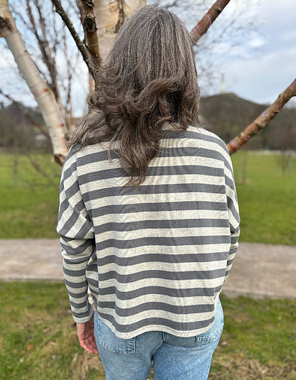 boxy cardigan wide fit with dropped shoulders in two tone grey block stripes