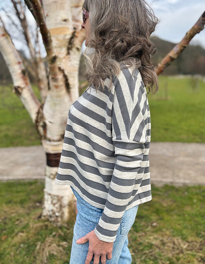 boxy cardigan wide fit with dropped shoulders in two tone grey block stripes