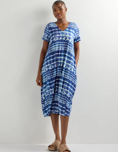 blue and white tie dye jersey bubble dress with midi length and V neckline