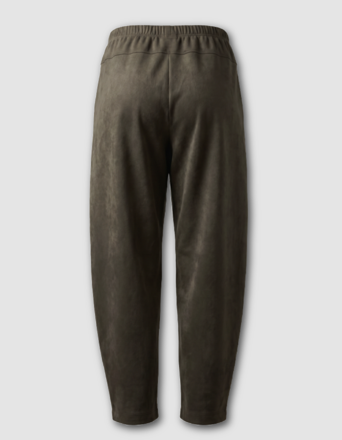 A pair of olive cropped pants with an elastic waistband, shown from the back on a light gray background.