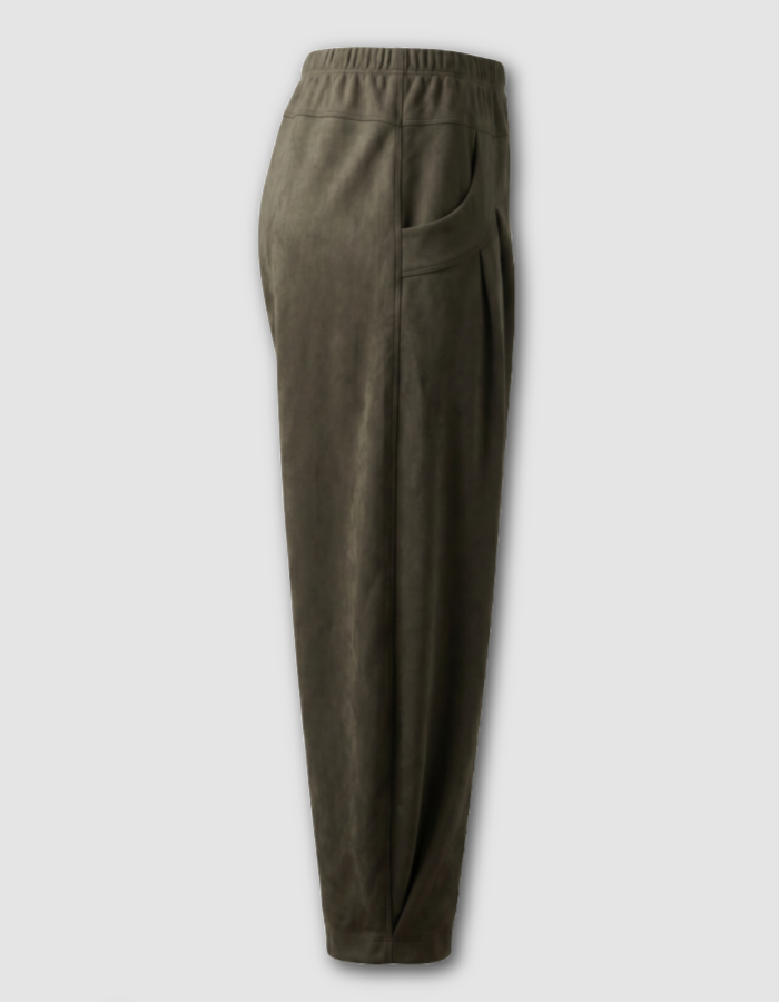 olive vegan suede barrel trousers