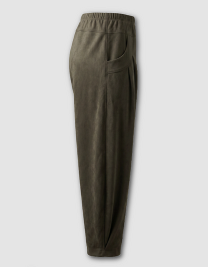 olive vegan suede barrel trousers