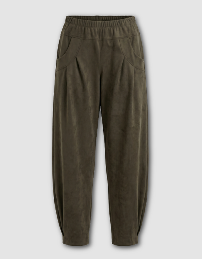 Olive green wide-leg pants with a textured suede-like finish, elastic waistband, and side pockets, shown against a light gray background.