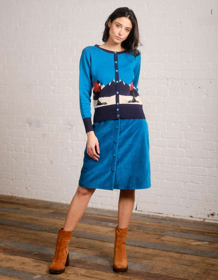 knee length teal velvet skirt with button down front