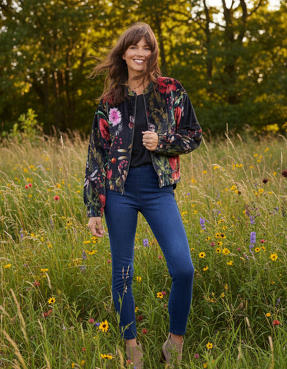 A woman stands in a grassy wildflower field wearing a black bomber jacket with a vibrant red, pink, and green floral print, blue skinny jeans, and brown ankle boots.
