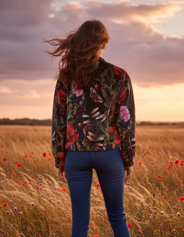 A woman stands in a field of red poppies at sunset, viewed from behind. She is wearing a dark floral bomber jacket with colorful flowers and blue jeans.
