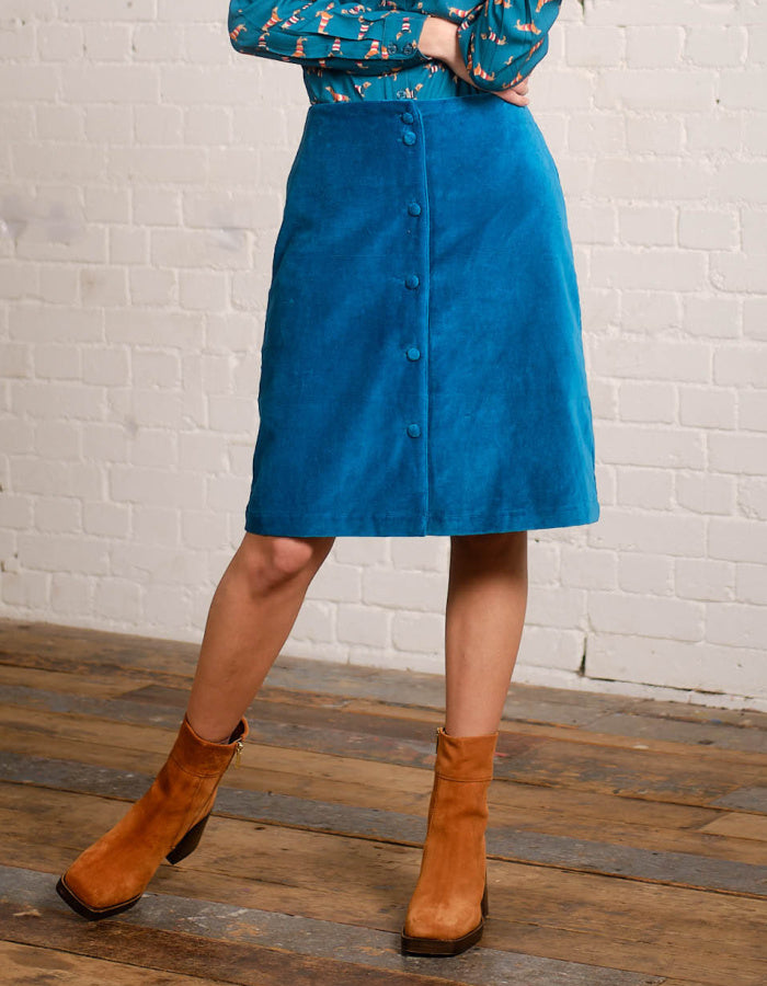 knee length teal velvet skirt with button down front