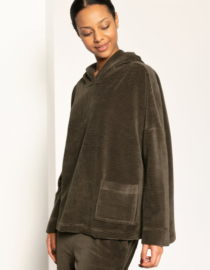Vetono Boxy Hooded Top in Olive Jumbo Cord