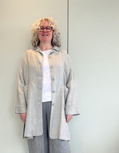 linen duster coat with textured weave in soft silver grey, loose fit and swing shape