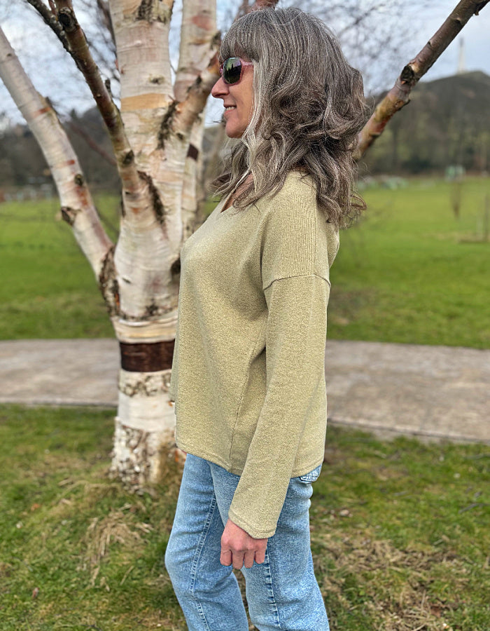 sand beige v neck fleecy wide fit jumper