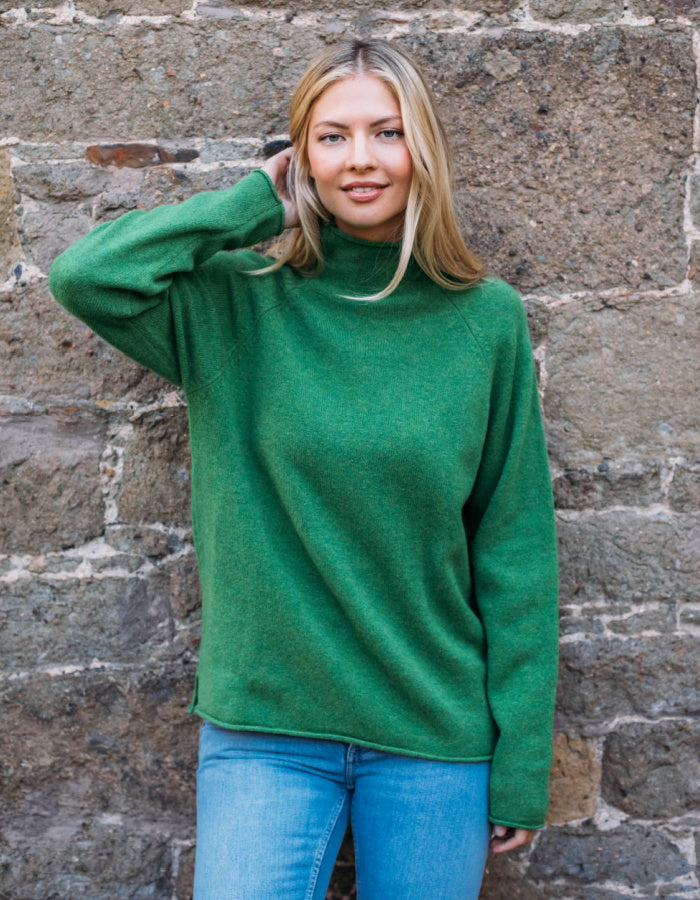 fleecy warm wool fisherman smock style sweater with raglan sleeves in watercress green