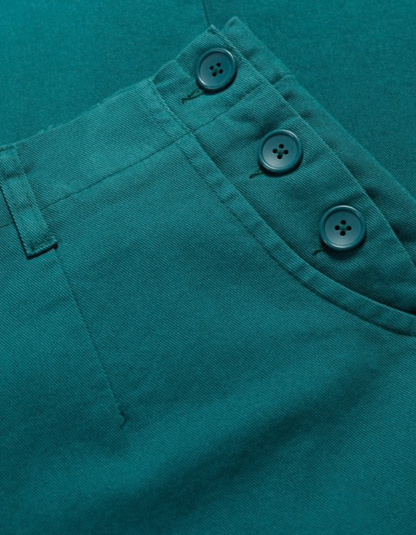 Close-up of teal pants with buttons on a teal background