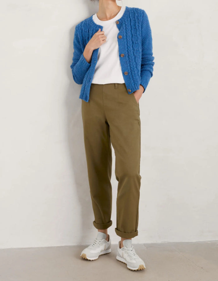 seasalt cotton twill trousers in khaki with side fastening and tapered leg