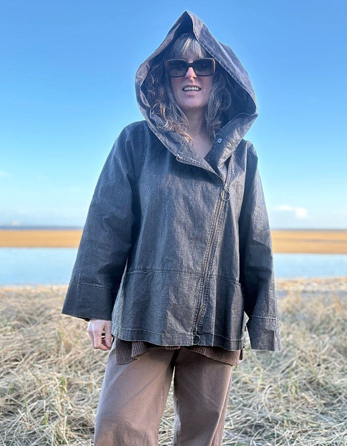 waxed linen swing coat with oversized hood in coffee brown