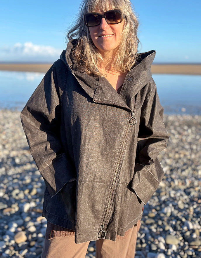 waxed linen swing coat with oversized hood in coffee brown