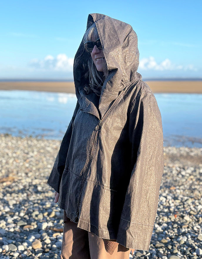 waxed linen swing coat with oversized hood in coffee brown
