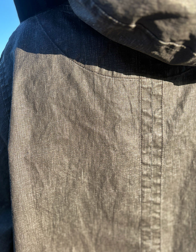 waxed linen swing coat with oversized hood in coffee brown