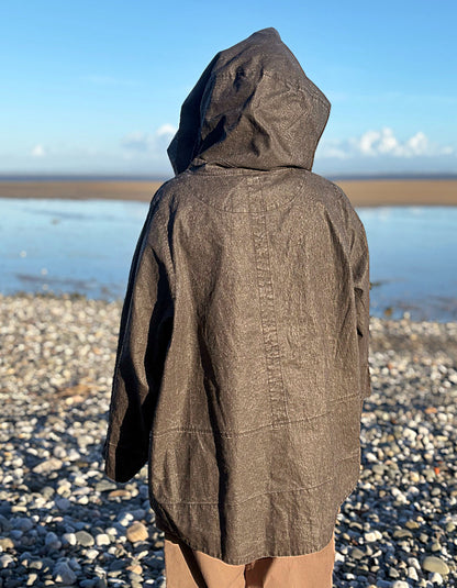 waxed linen swing coat with oversized hood in coffee brown