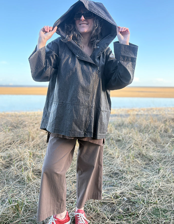 waxed linen swing coat with oversized hood in coffee brown