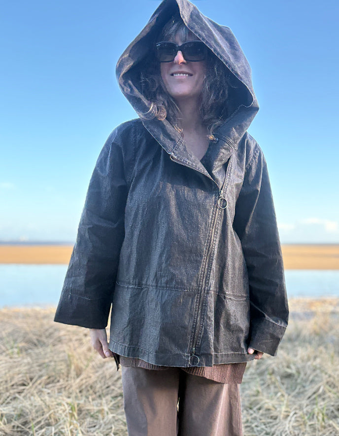 waxed linen swing coat with oversized hood in coffee brown