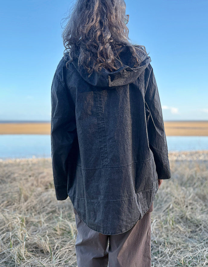 waxed linen swing coat with oversized hood in coffee brown