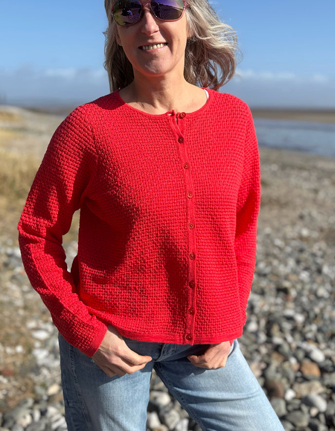 red cotton cardigan 