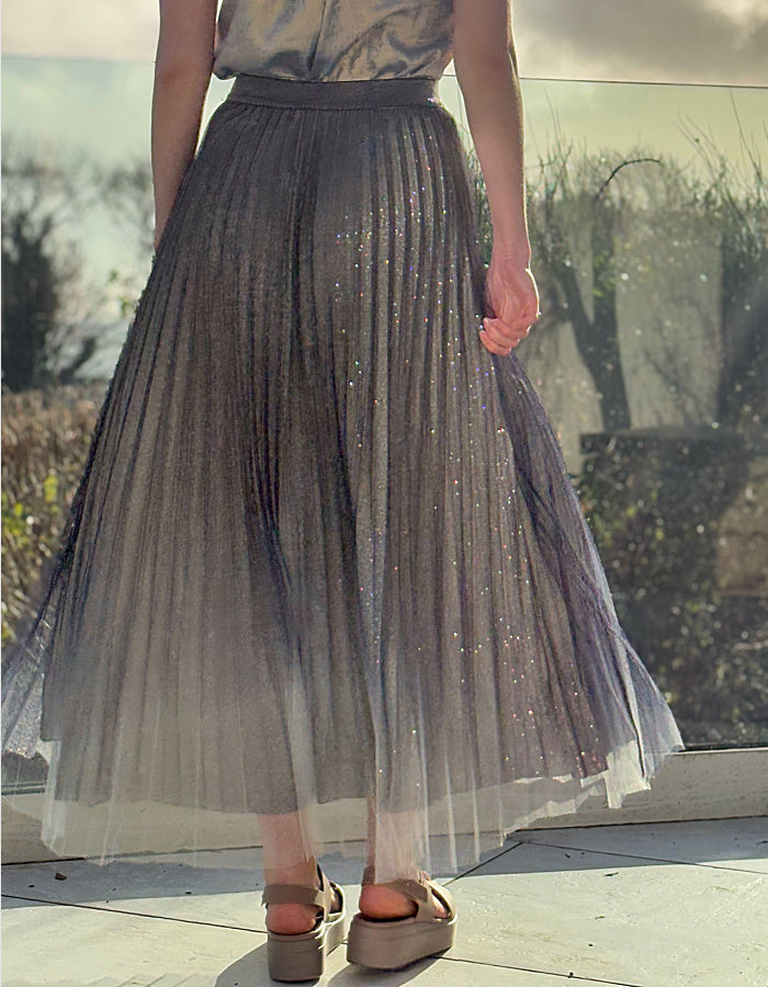 pleated metallic ombre silver midi length skirt with elasticated waist