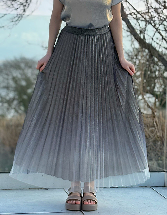 pleated metallic ombre silver midi length skirt with elasticated waist