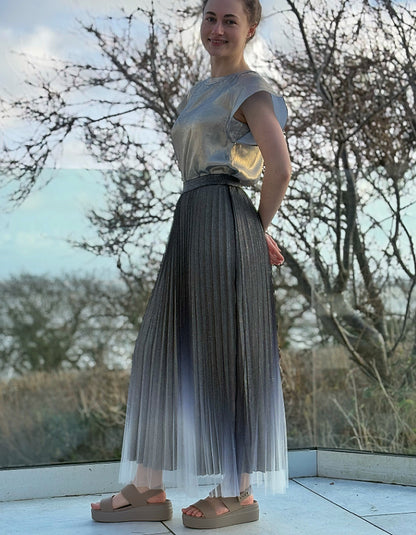 pleated metallic ombre silver midi length skirt with elasticated waist